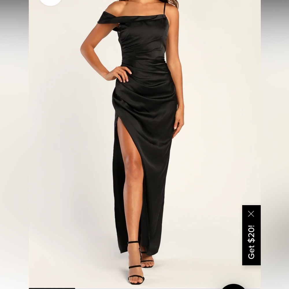 Lulus Lush Love Black Satin Asymmetrical Off-the-Shoulder Dress with side slit